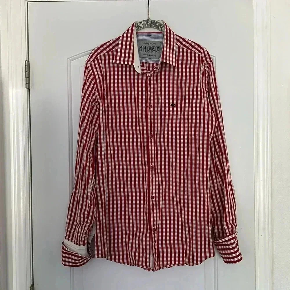 Moods of Norway Red Checked Button Down Shirt Sz L